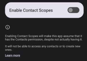 Screenshot on a phone of GrapheneOS's contact scopes feature