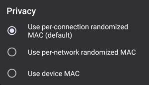 Screenshot on a phone of GrapheneOS's MAC Address Randomization feature