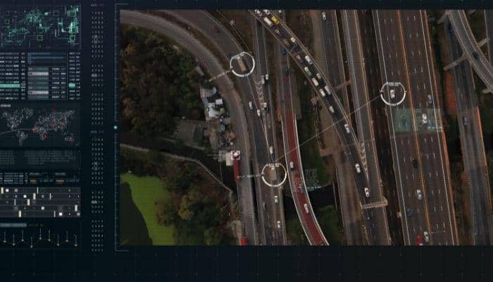 A computer screen showing real time tracking of targeted vehicles from a birds eye view